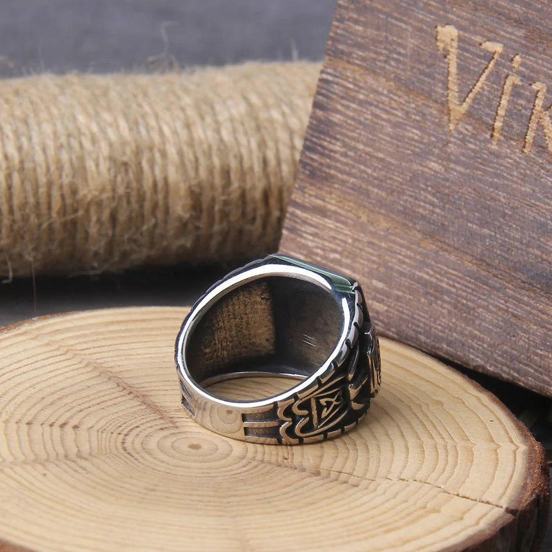 Viking Aegishjalmur Stainless Steel Ring for Men - Helm of Awe Celtic Knot Jewelry Amulet Gift with Icelandic Runes