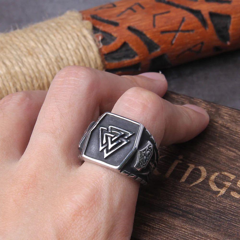 Viking Aegishjalmur Stainless Steel Ring for Men - Helm of Awe Celtic Knot Jewelry Amulet Gift with Icelandic Runes