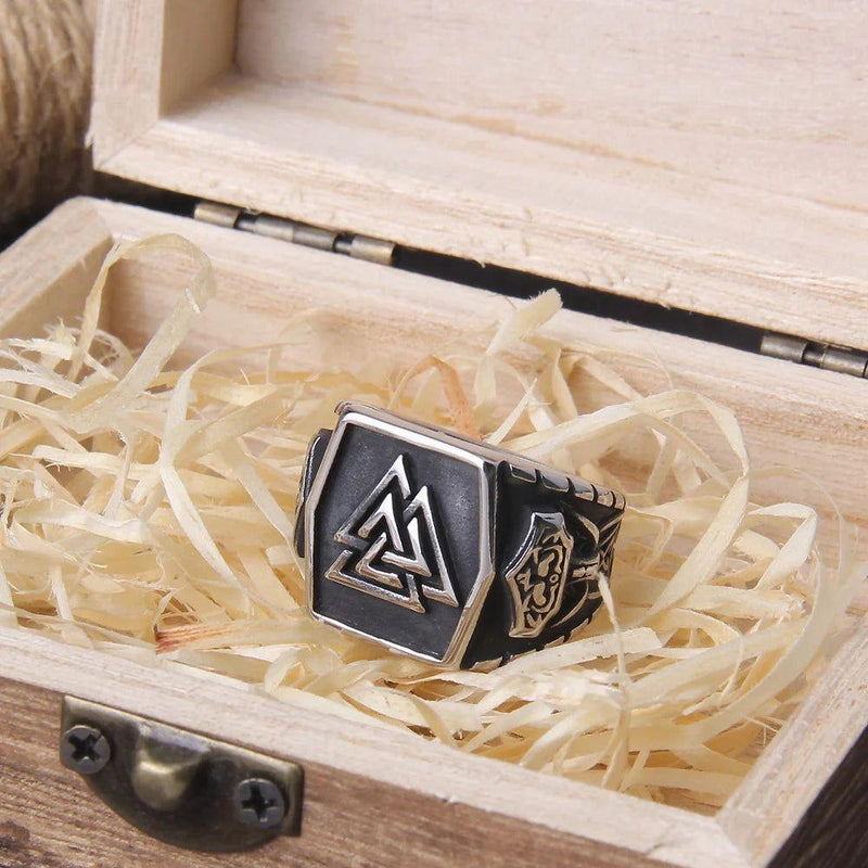 Viking Aegishjalmur Stainless Steel Ring for Men - Helm of Awe Celtic Knot Jewelry Amulet Gift with Icelandic Runes