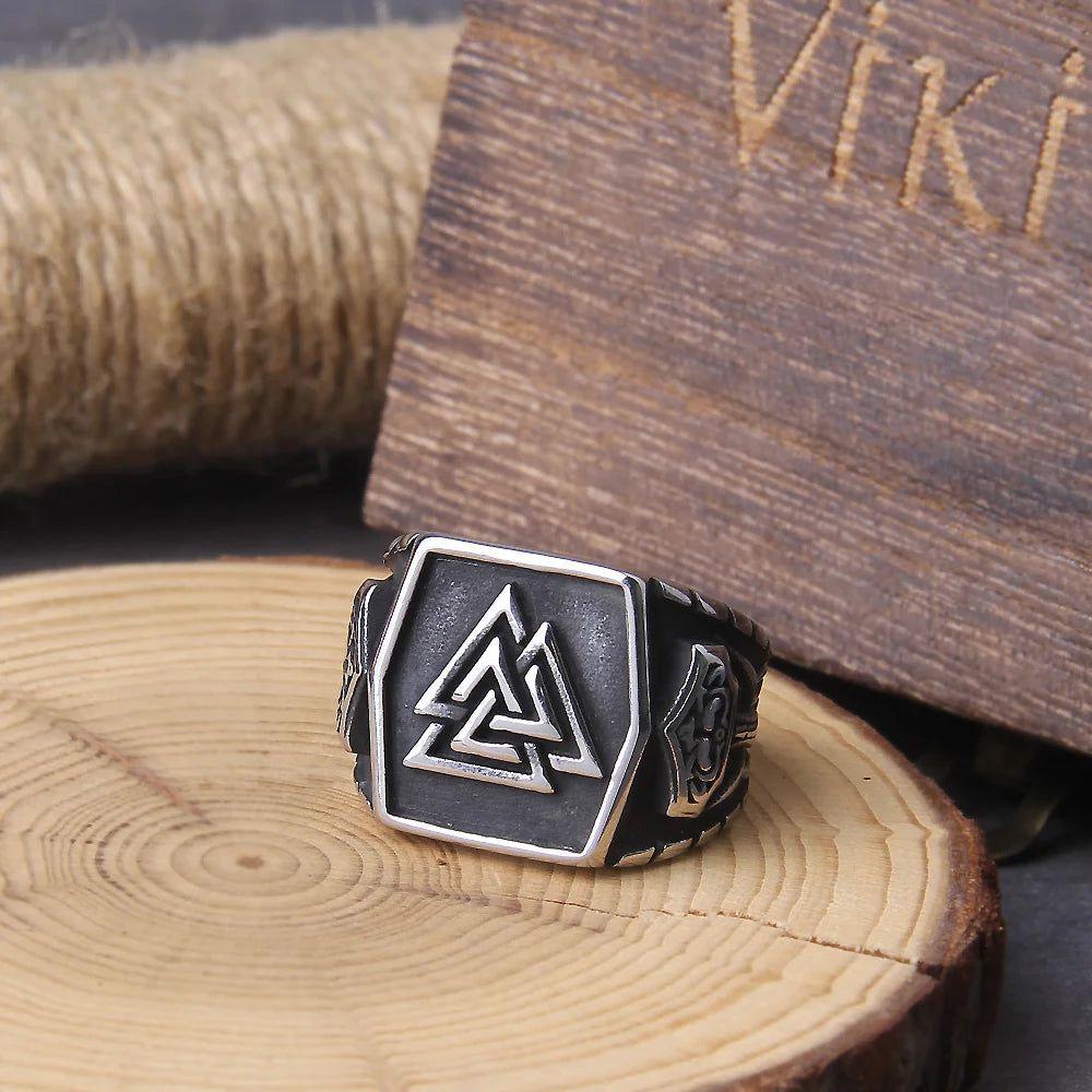 Viking Aegishjalmur Stainless Steel Ring for Men - Helm of Awe Celtic Knot Jewelry Amulet Gift with Icelandic Runes