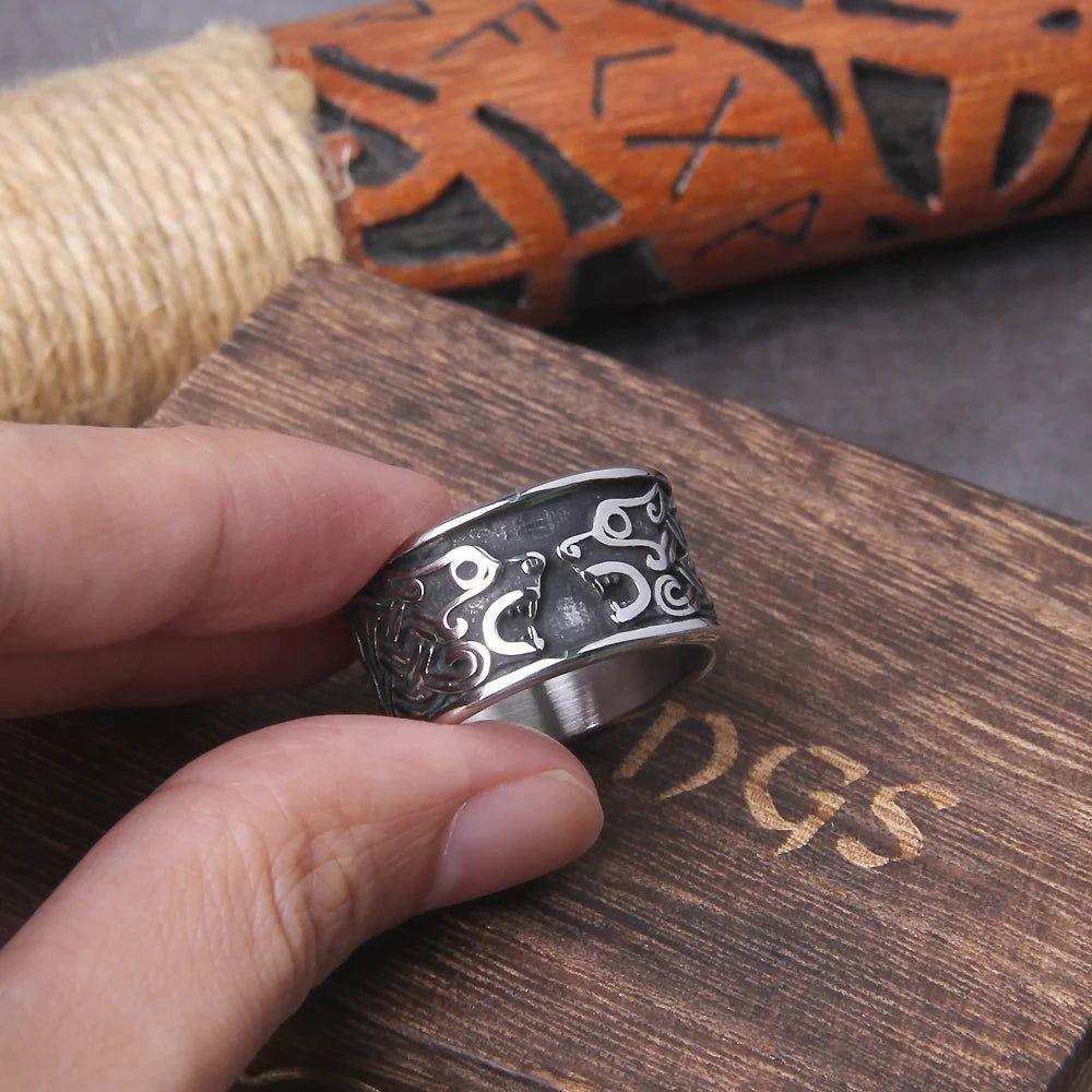 Viking Bear Symbol Stainless Steel Ring for Men with Slavic Veles Talisman in Wooden Gift Box