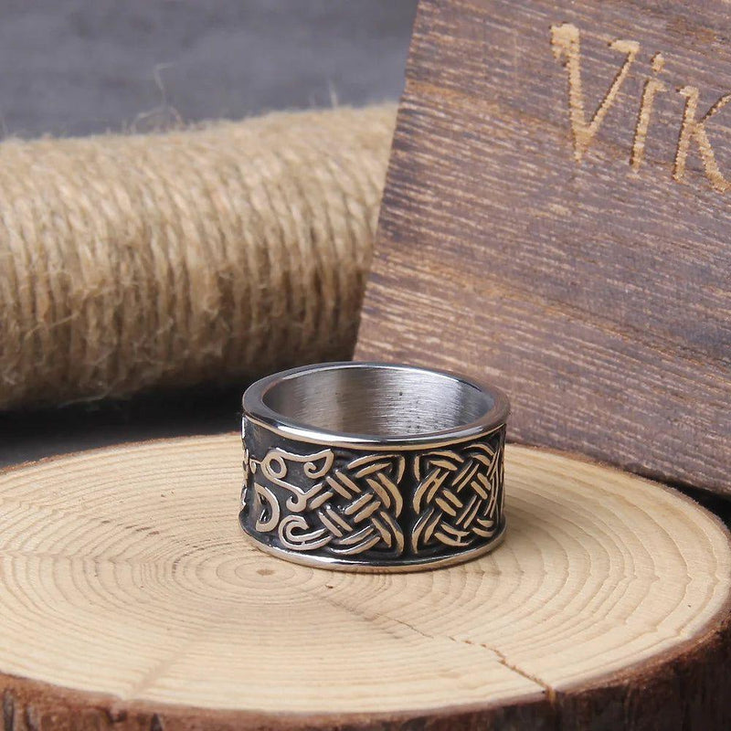 Viking Bear Symbol Stainless Steel Ring for Men with Slavic Veles Talisman in Wooden Gift Box