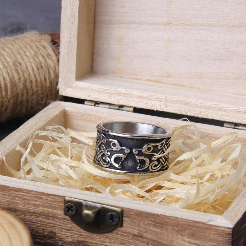 Viking Bear Symbol Stainless Steel Ring for Men with Slavic Veles Talisman in Wooden Gift Box