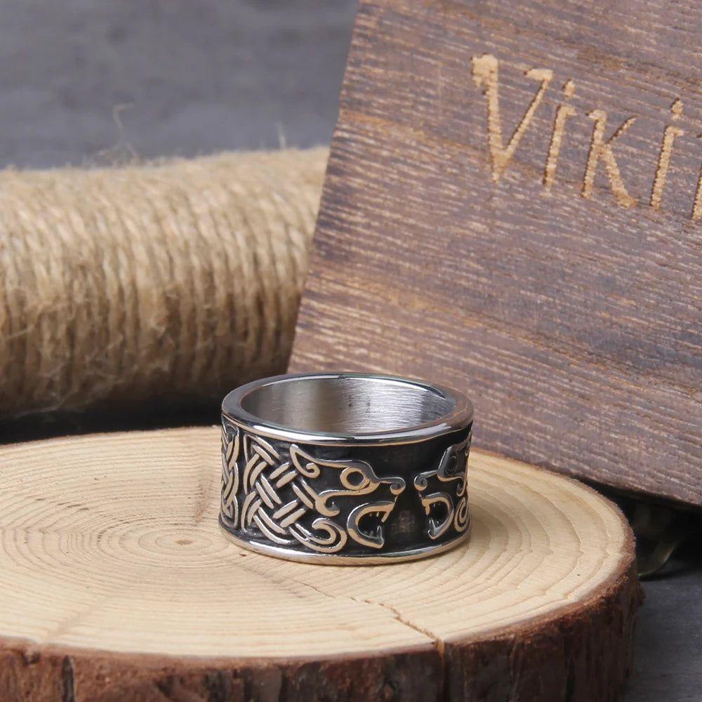 Viking Bear Symbol Stainless Steel Ring for Men with Slavic Veles Talisman in Wooden Gift Box