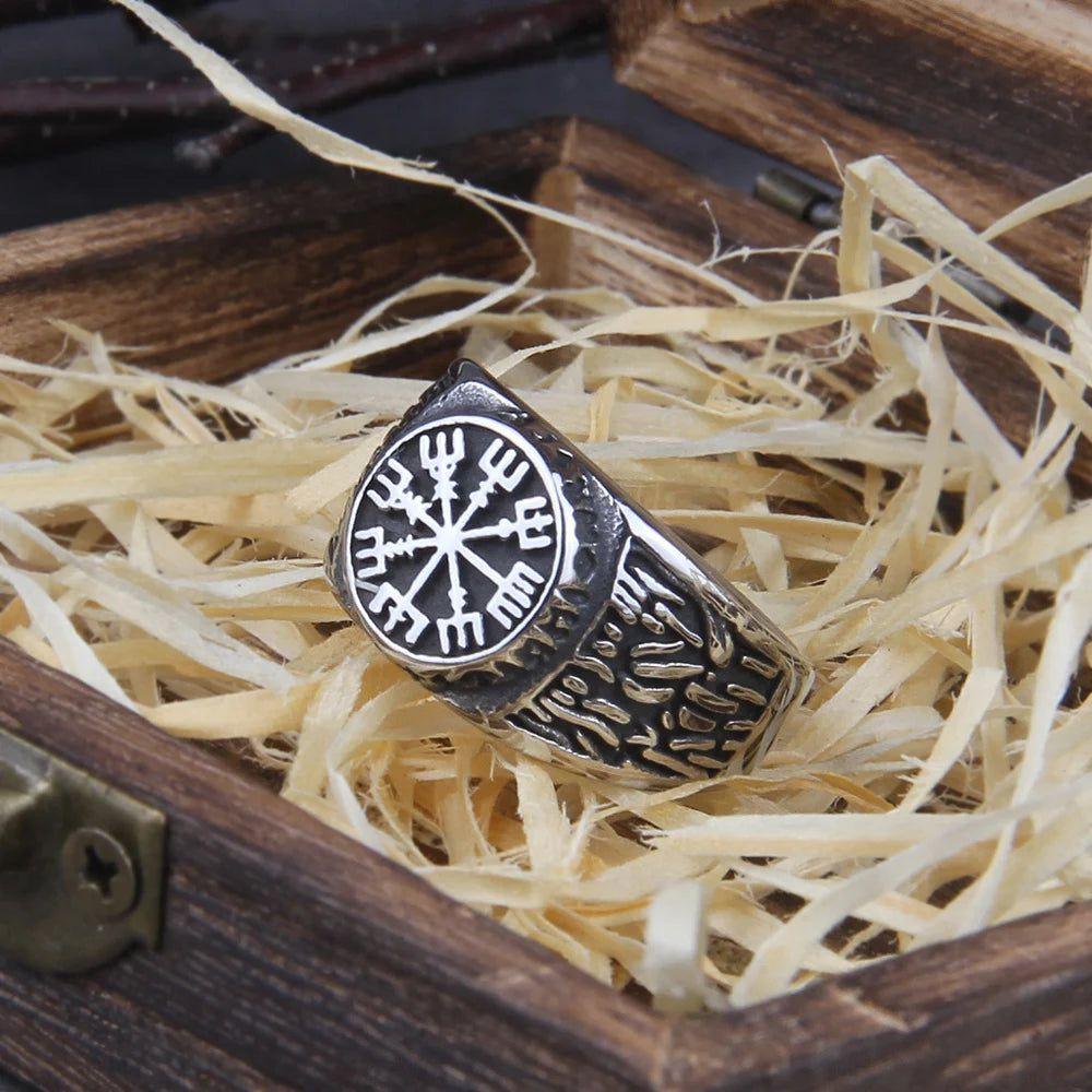 Viking Compass Ring in Stainless Steel - Trendy Hip Hop Rock Punk Jewelry for Men and Women