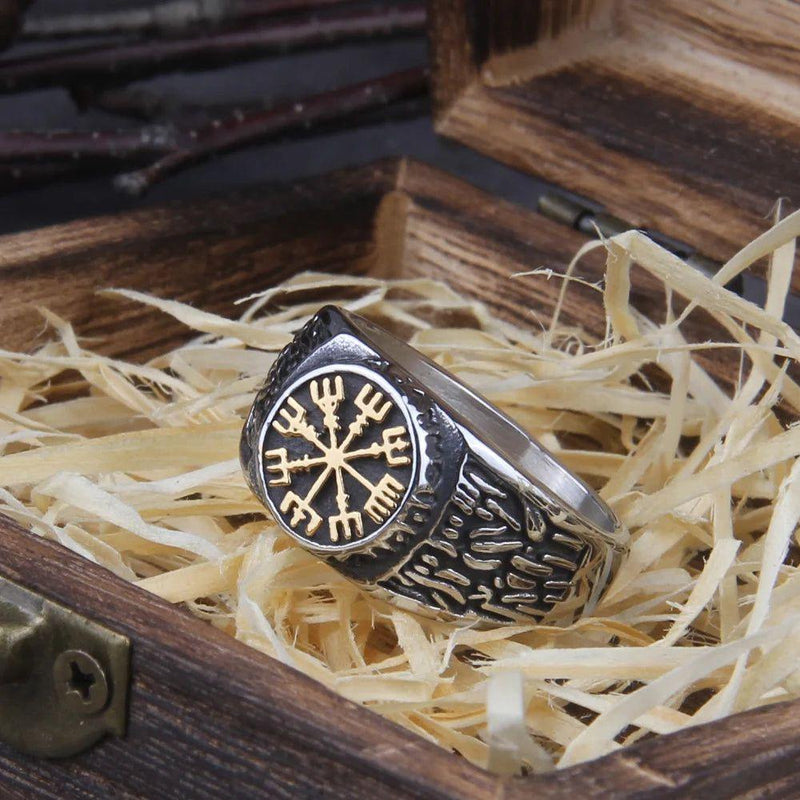 Viking Compass Ring in Stainless Steel - Trendy Hip Hop Rock Punk Jewelry for Men and Women