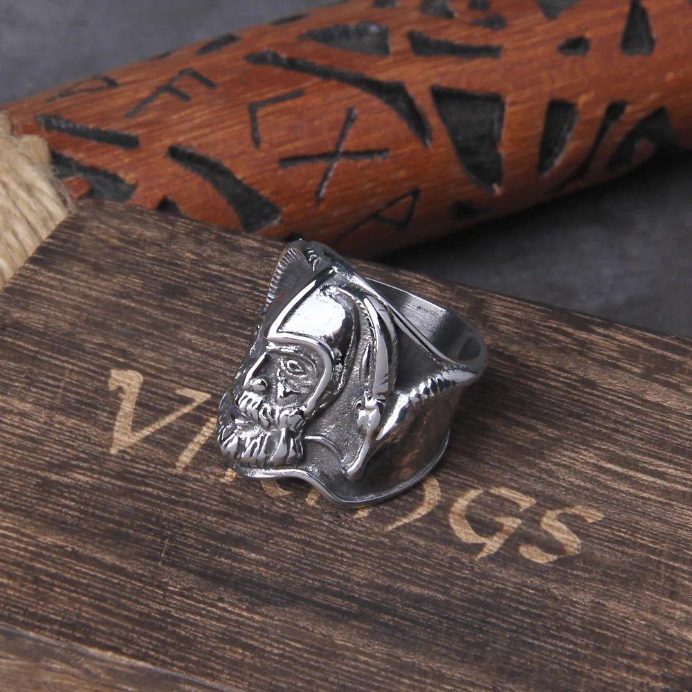 Viking Heritage Odin Raven Stainless Steel Ring for Men with Wolf Design and Wooden Gift Box