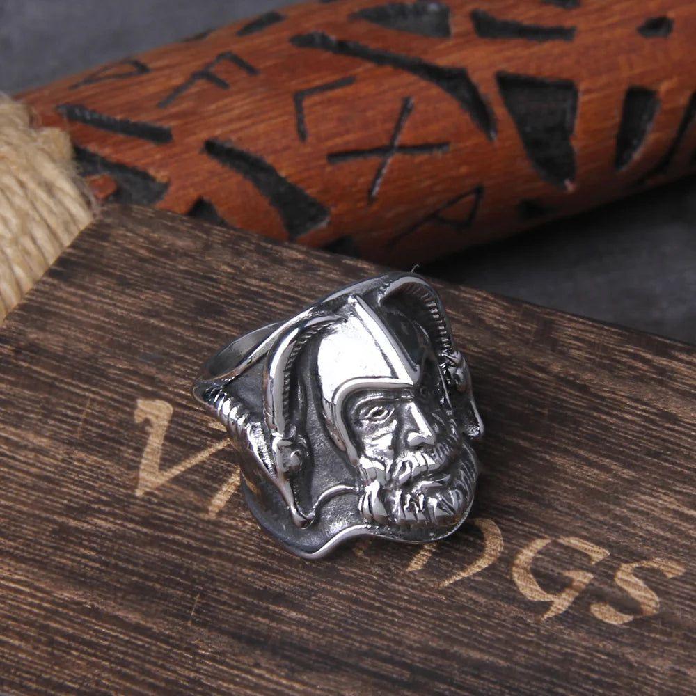 Viking Heritage Odin Raven Stainless Steel Ring for Men with Wolf Design and Wooden Gift Box