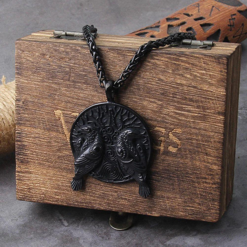 Viking-Inspired Black Stainless Steel Odin Raven Pendant Necklace with Tree of Life Design