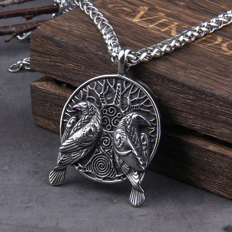 Viking-Inspired Black Stainless Steel Odin Raven Pendant Necklace with Tree of Life Design