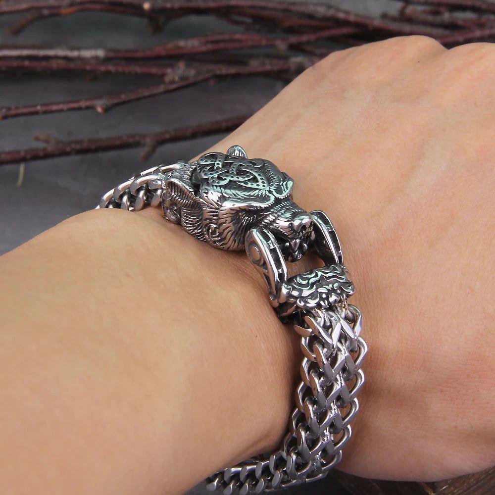 Viking-Inspired Stainless Steel Bear Head Bracelet for Men - Biker Punk Jewelry