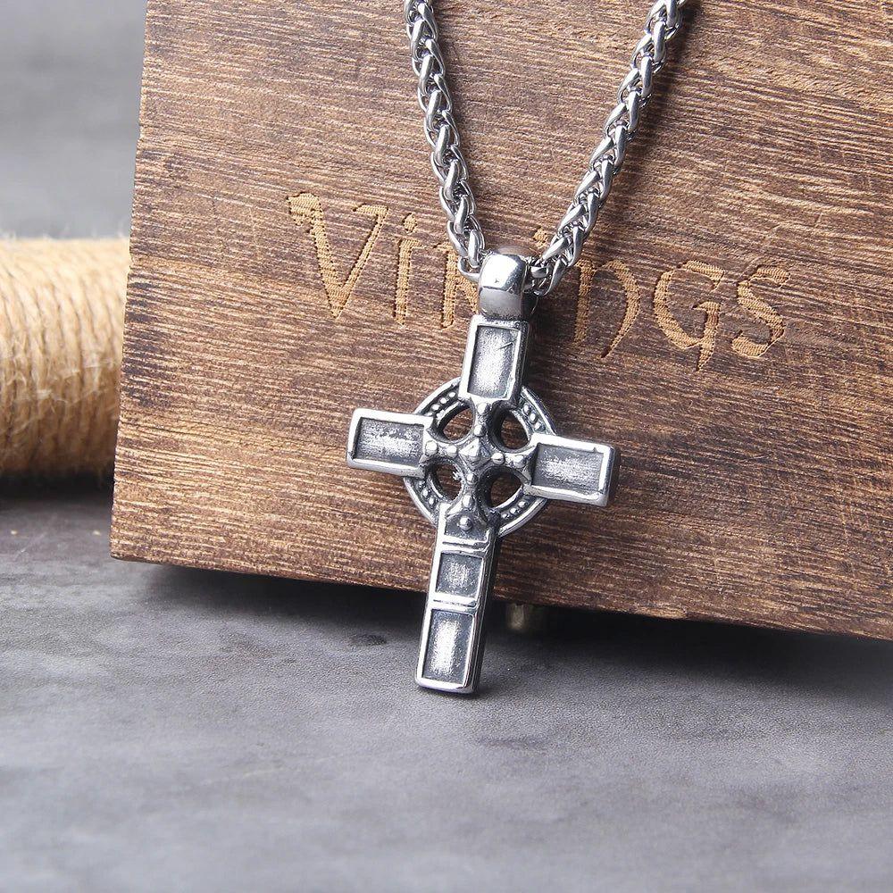 Viking-Inspired Stainless Steel Celtic Knot Cross Pendant Necklace for Men - Punk Rock Motorcycle Jewelry