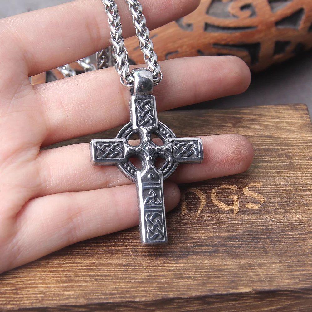 Viking-Inspired Stainless Steel Celtic Knot Cross Pendant Necklace for Men - Punk Rock Motorcycle Jewelry