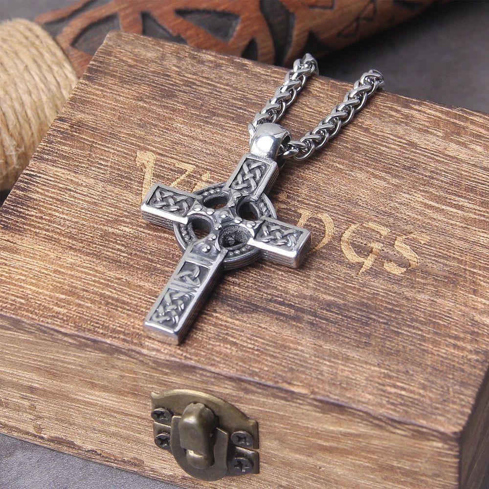 Viking-Inspired Stainless Steel Celtic Knot Cross Pendant Necklace for Men - Punk Rock Motorcycle Jewelry