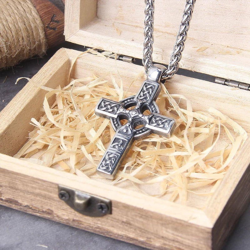 Viking-Inspired Stainless Steel Celtic Knot Cross Pendant Necklace for Men - Punk Rock Motorcycle Jewelry