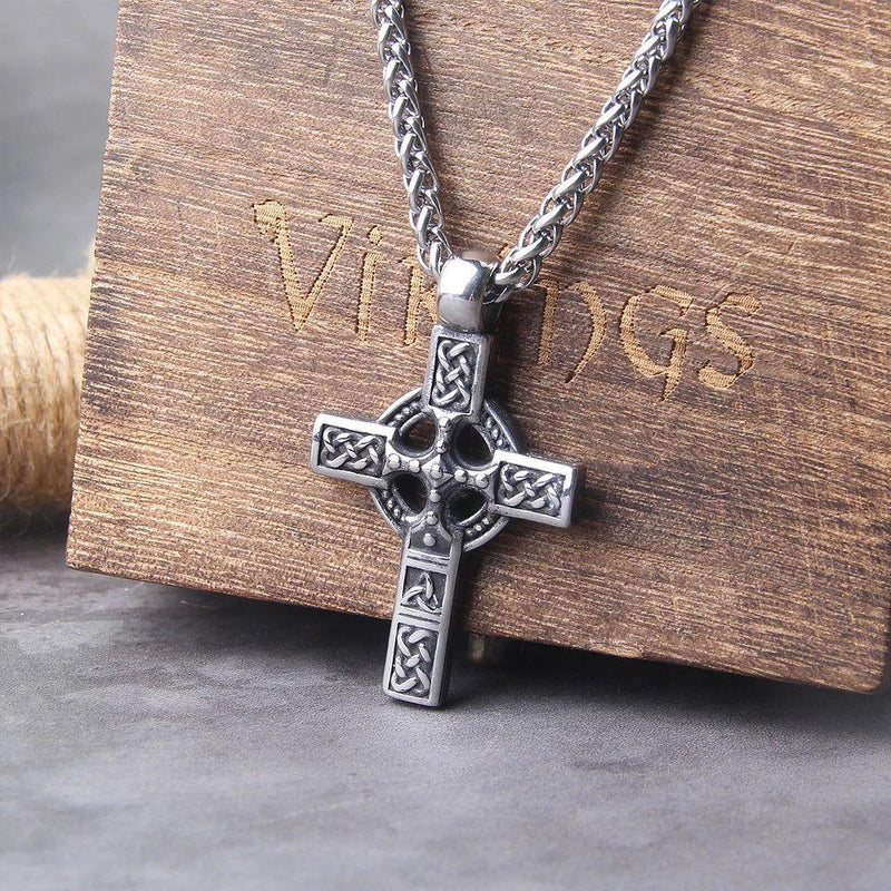 Viking-Inspired Stainless Steel Celtic Knot Cross Pendant Necklace for Men - Punk Rock Motorcycle Jewelry