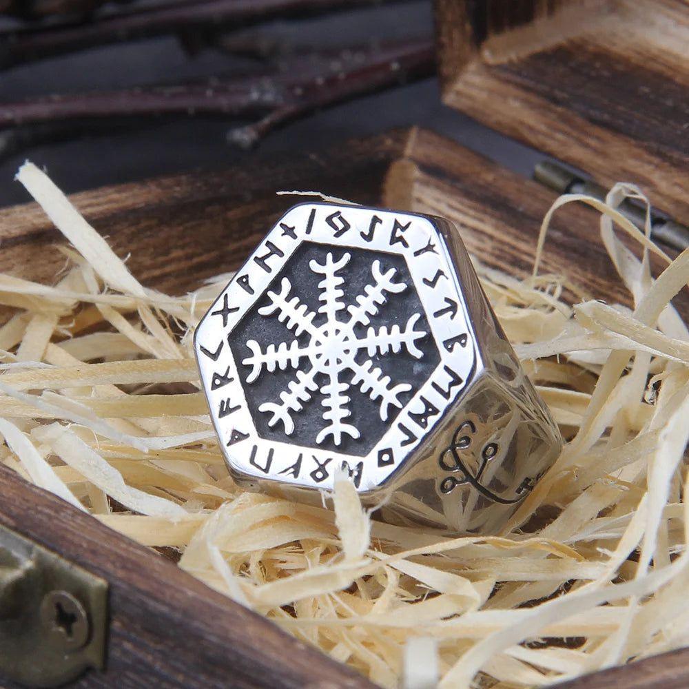 Viking Runic Aegishjalmur Ring - Men's Vintage Vegvisir Cocktail Jewelry