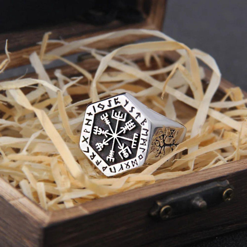 Viking Runic Aegishjalmur Ring - Men's Vintage Vegvisir Cocktail Jewelry