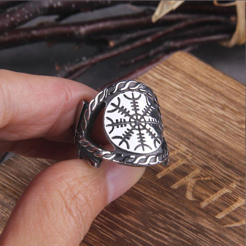 Viking Runic Aegishjalmur Ring - Men's Vintage Vegvisir Cocktail Jewelry