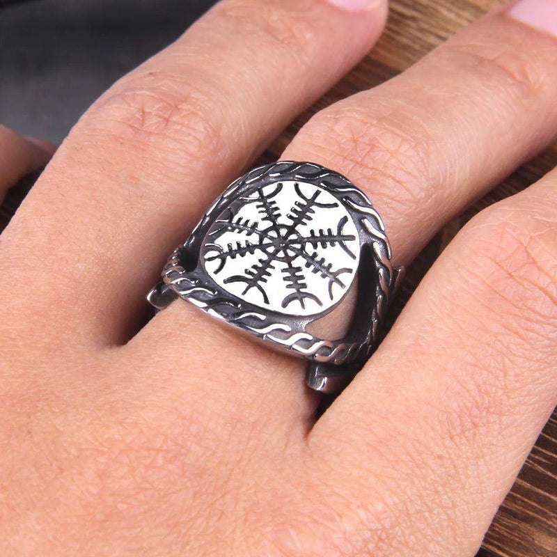 Viking Runic Aegishjalmur Ring - Men's Vintage Vegvisir Cocktail Jewelry