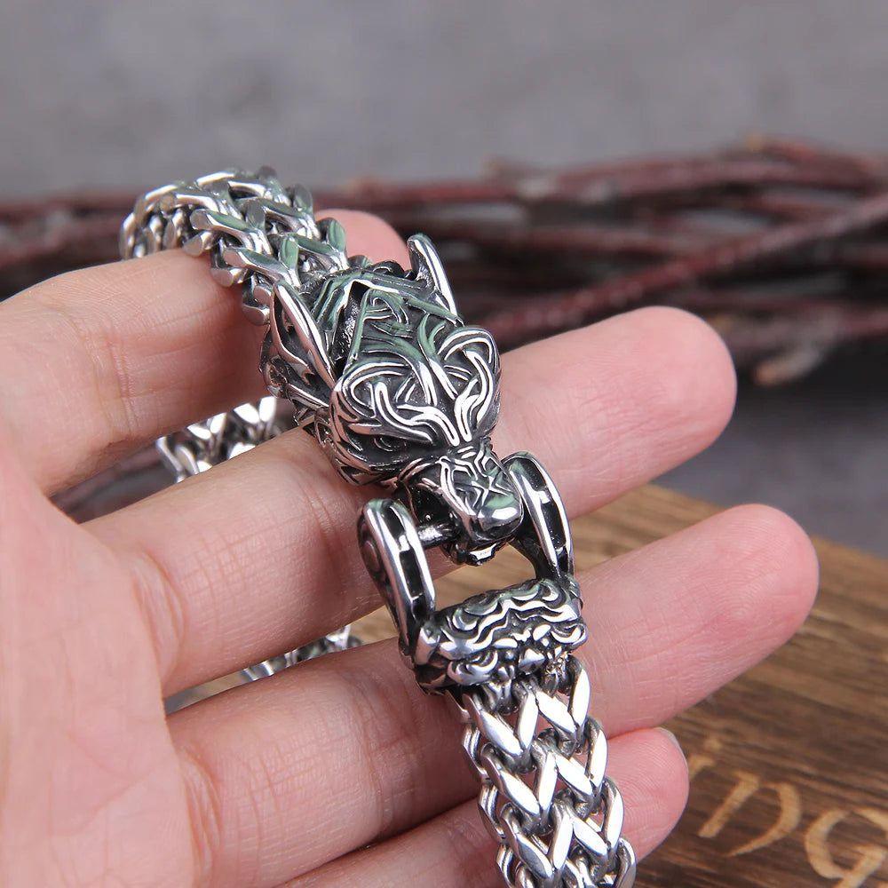 Viking Spirit Wolf Head Bracelet for Men - Stainless Steel Punk Biker Jewelry with Adjustable Mesh Chain