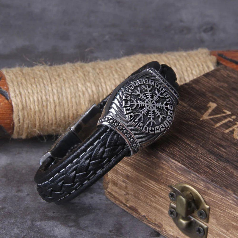 Viking Vegvisir Compass Bangle - 316L Stainless Steel Men’s Jewelry with Norse Runes and Odin Symbol