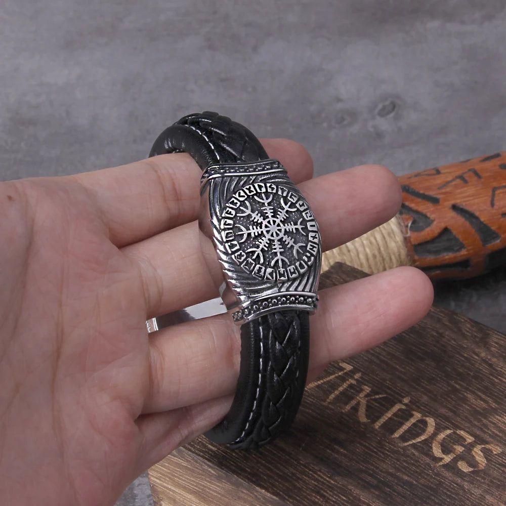 Viking Vegvisir Compass Bangle - 316L Stainless Steel Men’s Jewelry with Norse Runes and Odin Symbol