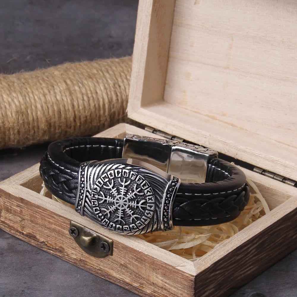 Viking Vegvisir Compass Bangle - 316L Stainless Steel Men’s Jewelry with Norse Runes and Odin Symbol