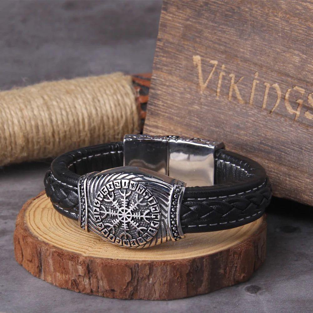 Viking Vegvisir Compass Bangle - 316L Stainless Steel Men’s Jewelry with Norse Runes and Odin Symbol