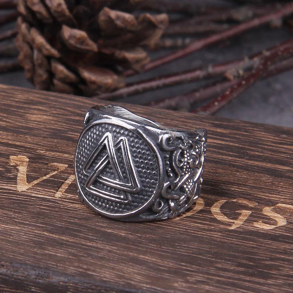 Viking Vegvisir Stainless Steel Rings for Men - Timeless Nordic Valknut Jewelry with Wooden Gift Box