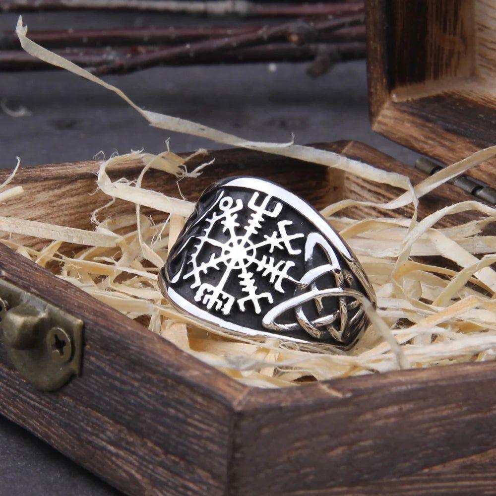 Viking Vegvisir Stainless Steel Statement Ring for Men – Durable Nordic Odin Totem Jewelry