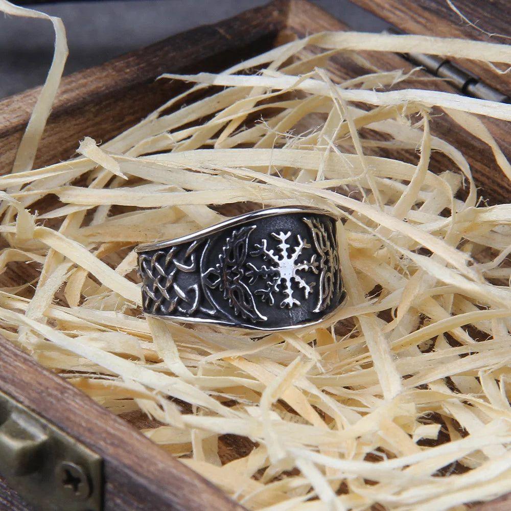 Viking Vegvisir Stainless Steel Statement Ring for Men – Durable Nordic Odin Totem Jewelry