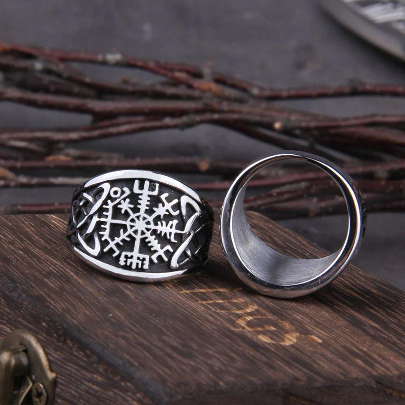 Viking Vegvisir Stainless Steel Statement Ring for Men – Durable Nordic Odin Totem Jewelry