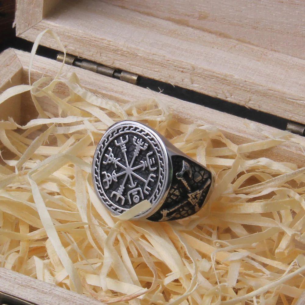 Viking Warrior Axe Signet Ring - Stainless Steel Odin's Symbol Jewelry for Men with Celtic Knot Design and Gift Wooden Box