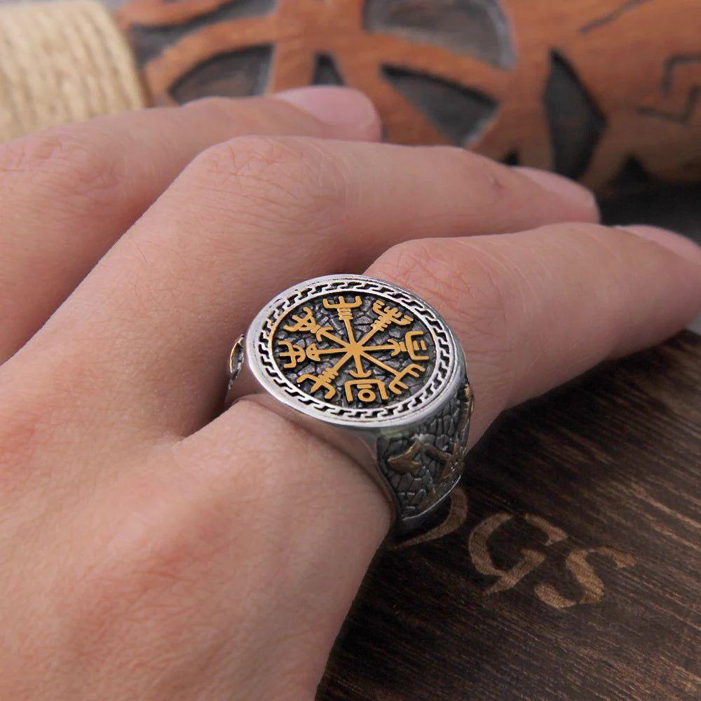 Viking Warrior Axe Signet Ring - Stainless Steel Odin's Symbol Jewelry for Men with Celtic Knot Design and Gift Wooden Box