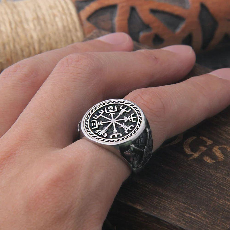 Viking Warrior Axe Signet Ring - Stainless Steel Odin's Symbol Jewelry for Men with Celtic Knot Design and Gift Wooden Box