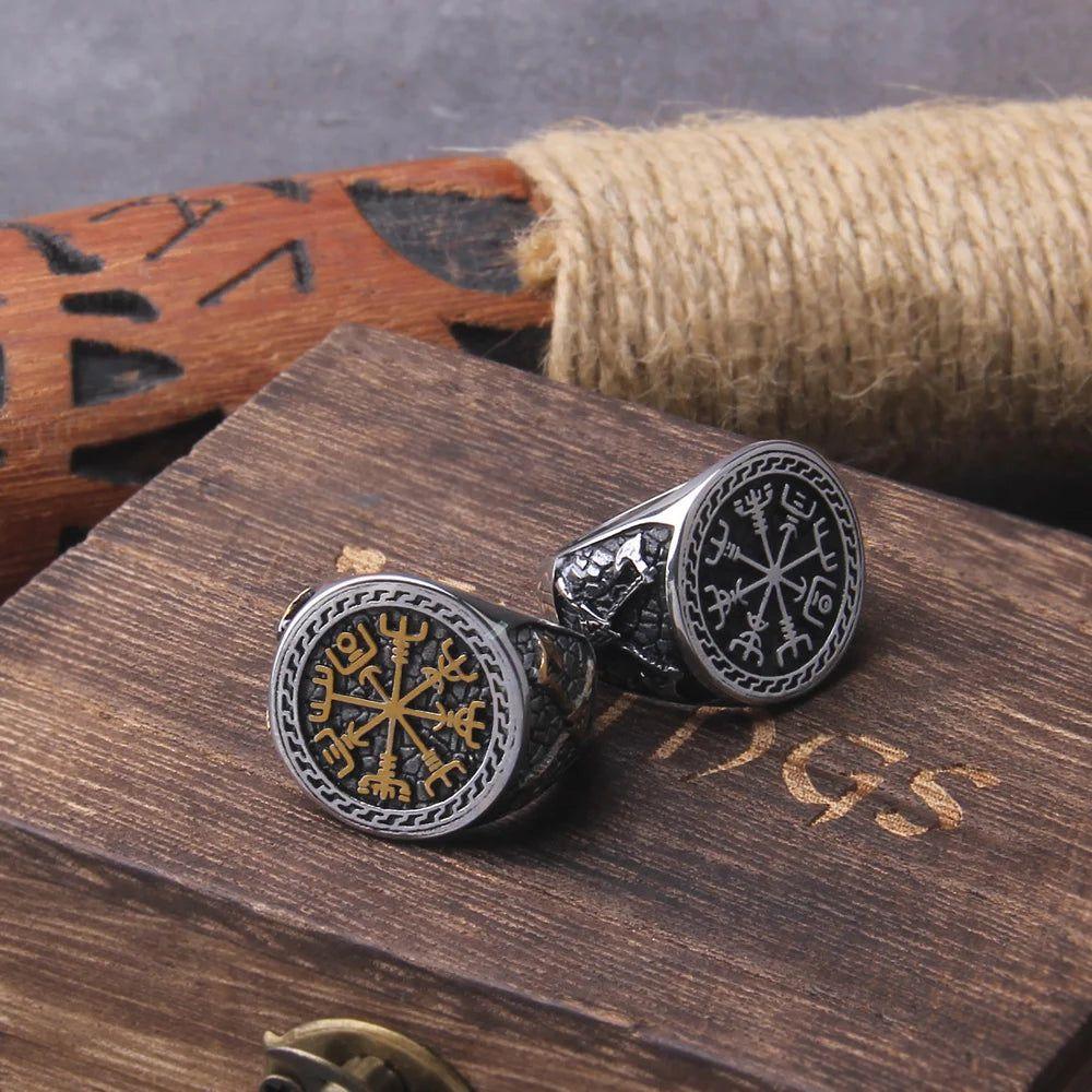 Viking Warrior Axe Signet Ring - Stainless Steel Odin's Symbol Jewelry for Men with Celtic Knot Design and Gift Wooden Box