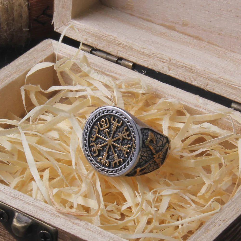 Viking Warrior Axe Signet Ring - Stainless Steel Odin's Symbol Jewelry for Men with Celtic Knot Design and Gift Wooden Box