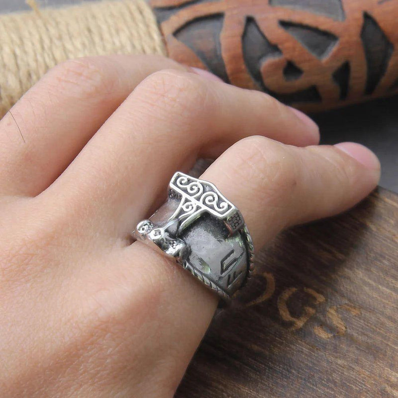 Viking Warrior Thor's Hammer Mjolnir Amulet Ring with Scandinavian Runes & Vegvisir Pendant - Men's Stainless Steel Jewelry