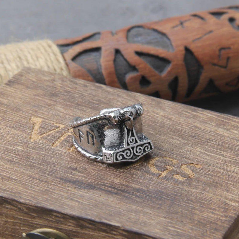 Viking Warrior Thor's Hammer Mjolnir Amulet Ring with Scandinavian Runes & Vegvisir Pendant - Men's Stainless Steel Jewelry