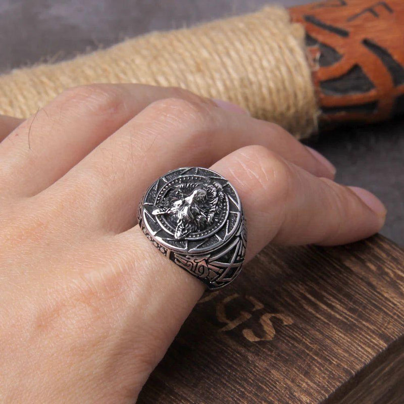 Viking Wolf Stainless Steel Ring with Rune Design - Timeless Gift in Wooden Box for Men