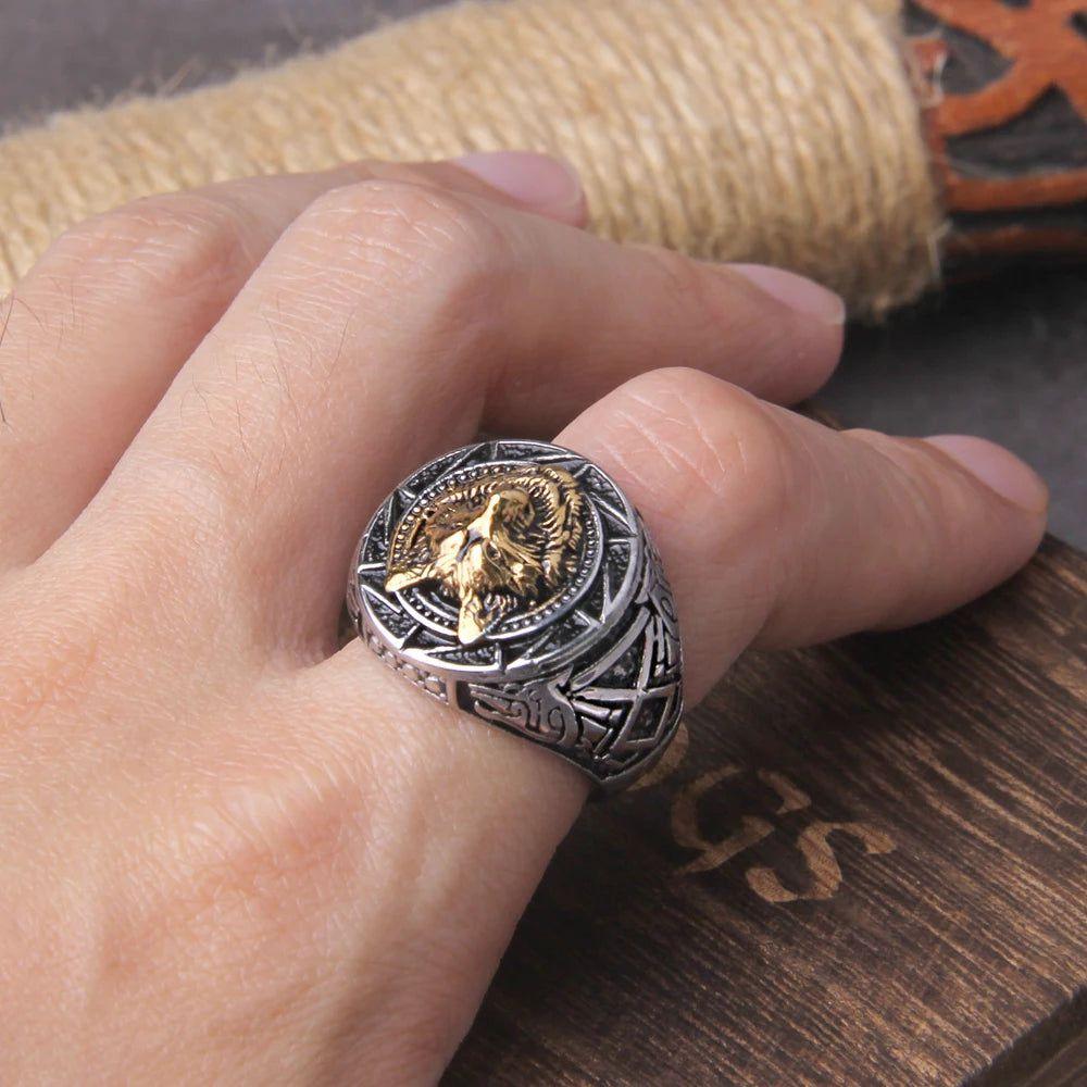 Viking Wolf Stainless Steel Ring with Rune Design - Timeless Gift in Wooden Box for Men