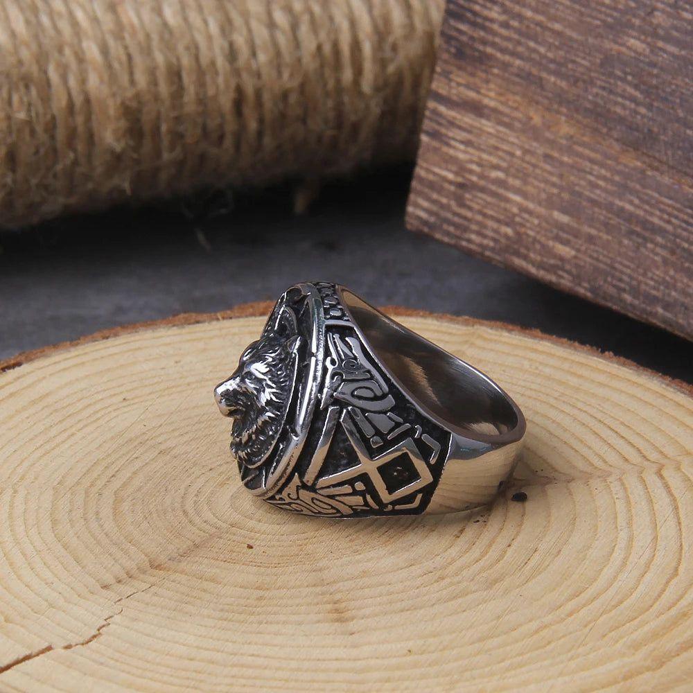 Viking Wolf Stainless Steel Ring with Rune Design - Timeless Gift in Wooden Box for Men