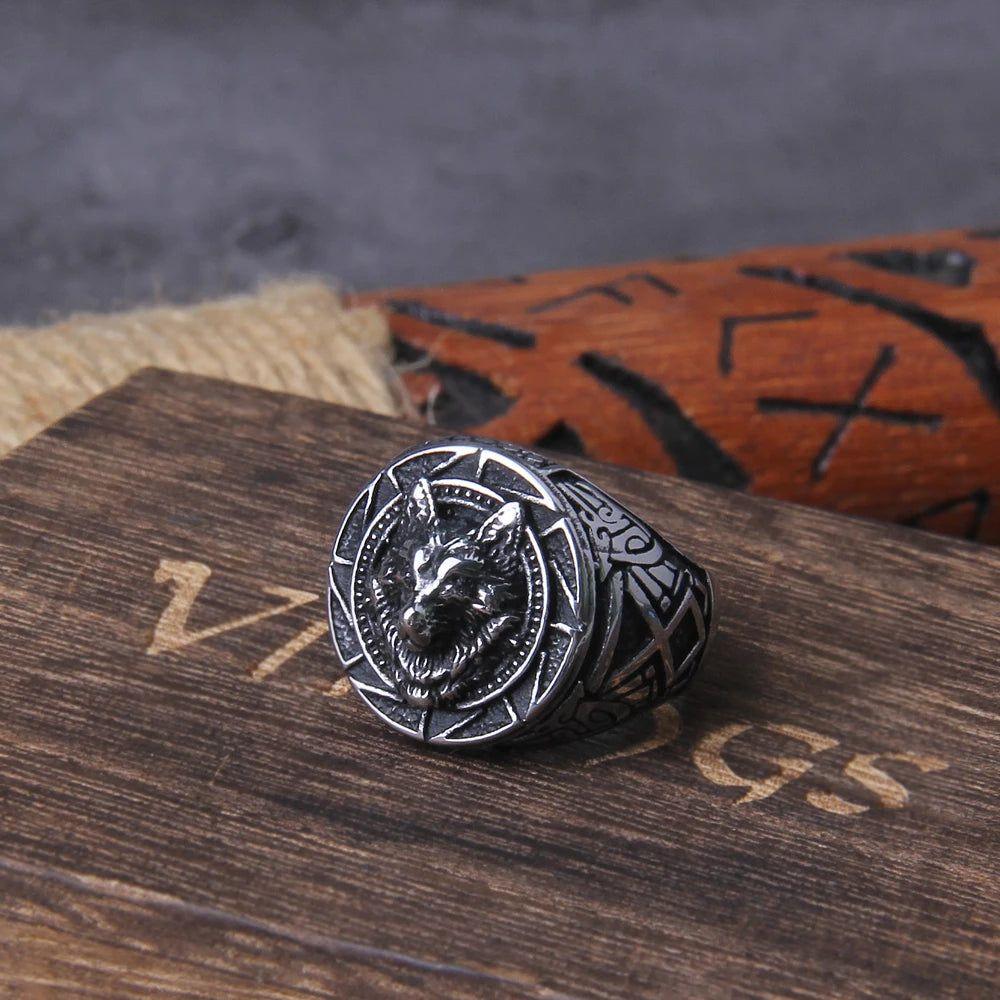 Viking Wolf Stainless Steel Ring with Rune Design - Timeless Gift in Wooden Box for Men