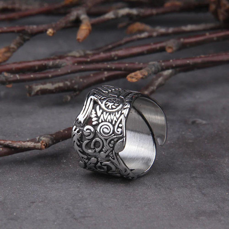 Viking Wolf Vegvisir Adjustable Statement Ring for Men - Stainless Steel Jewelry