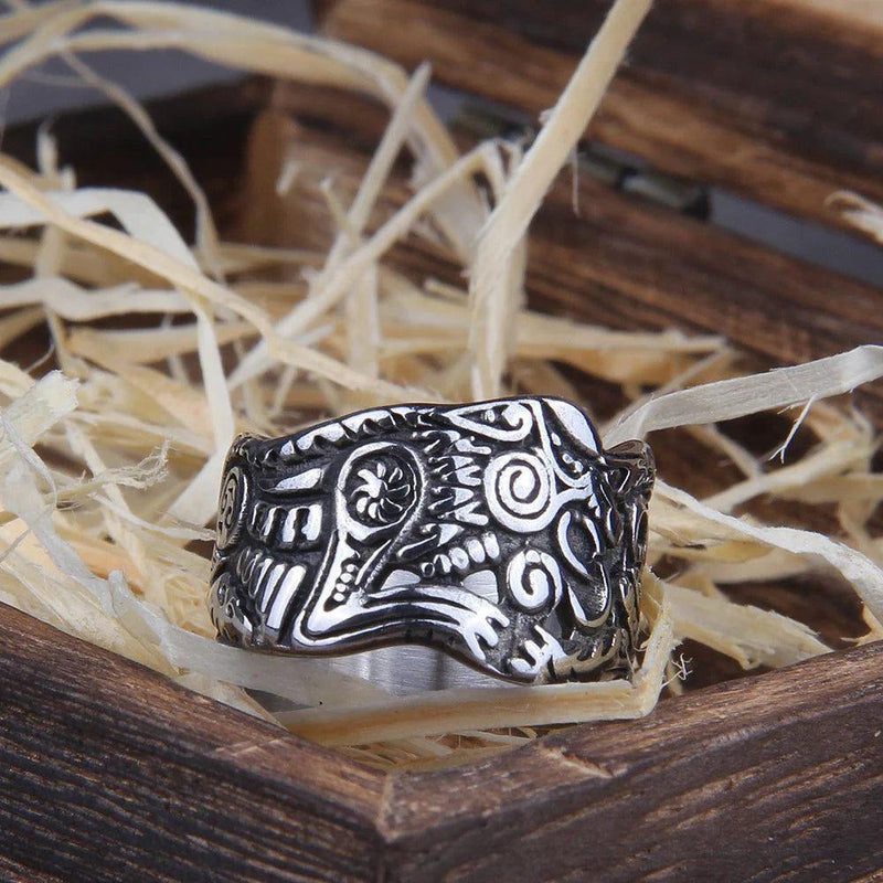 Viking Wolf Vegvisir Adjustable Statement Ring for Men - Stainless Steel Jewelry