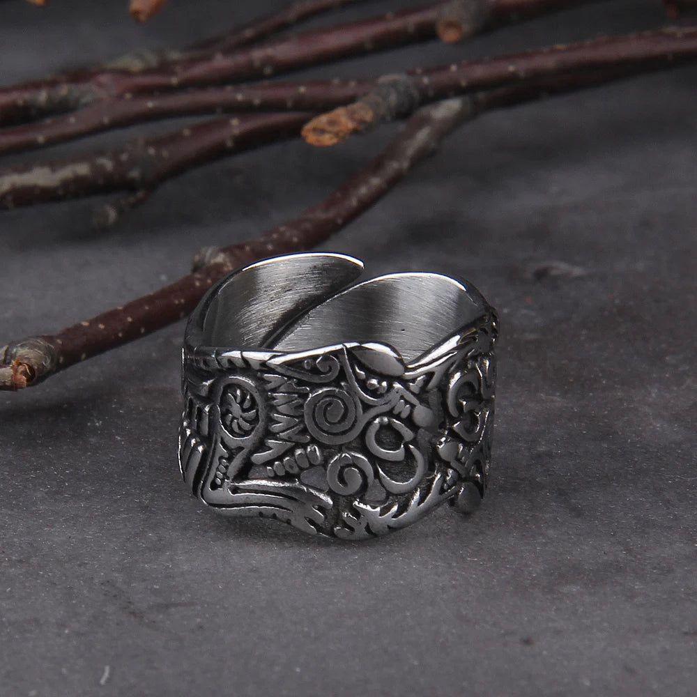 Viking Wolf Vegvisir Adjustable Statement Ring for Men - Stainless Steel Jewelry