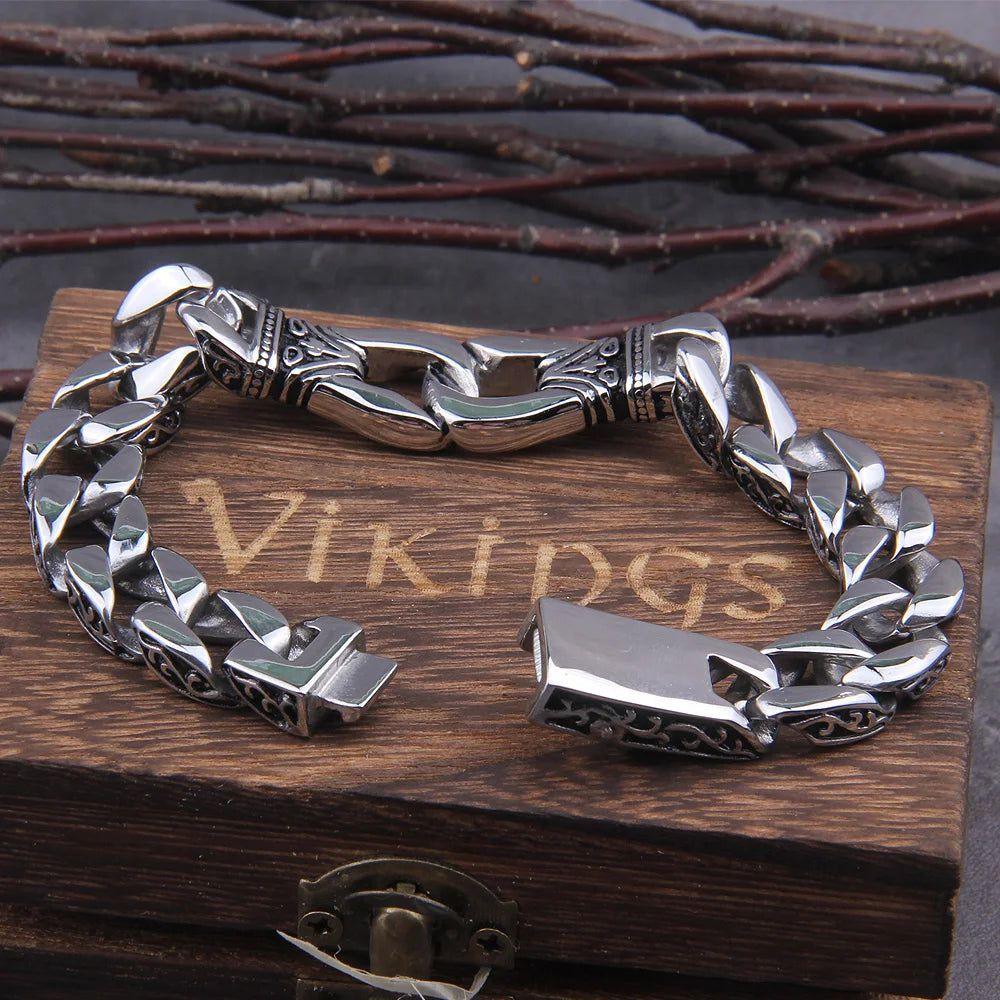 Vikings 12mm Stainless Steel Curb Cuban Chain Bracelet - Unisex Silver Fashion Accessory with Gift Box