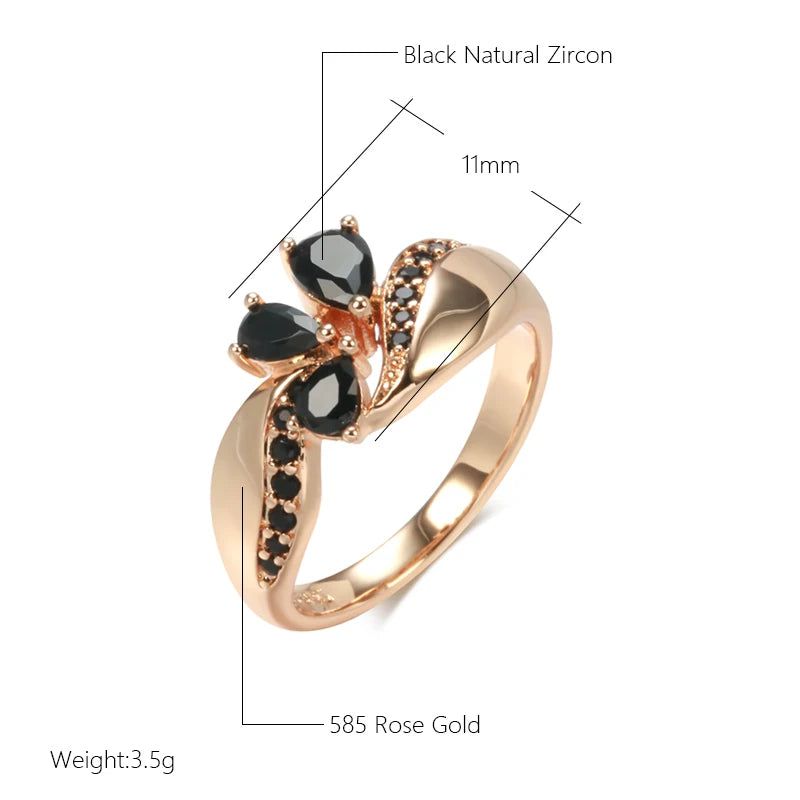 Vintage 585 Rose Gold Crystal Flower Ring with Hot Black Natural Zircon