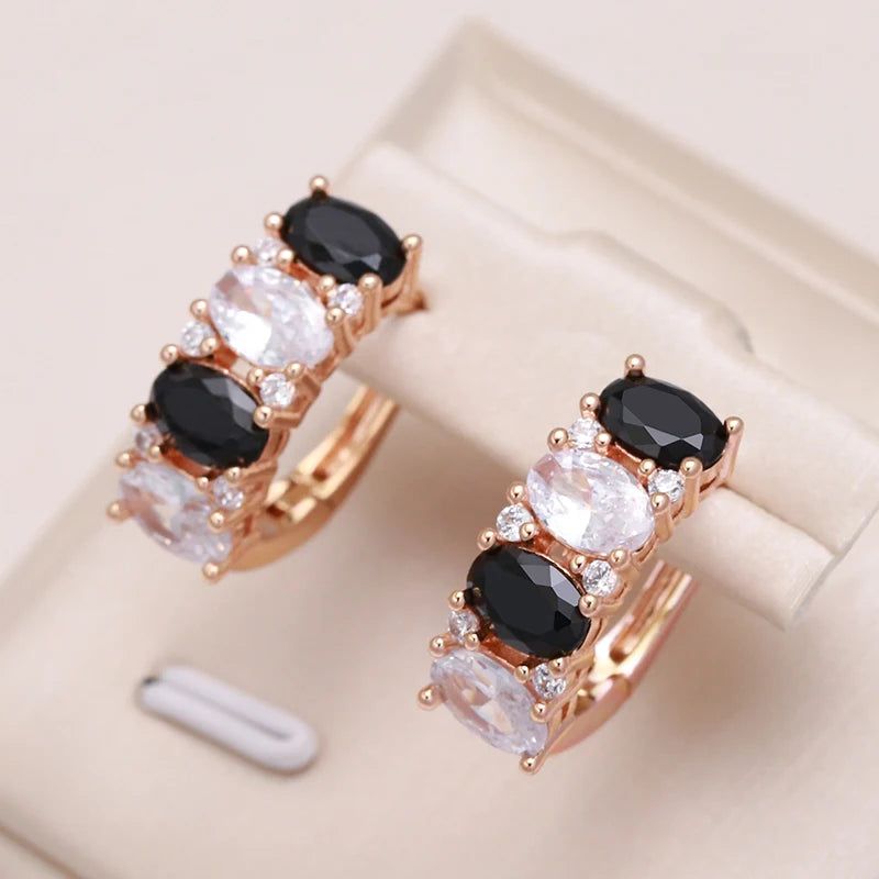 Vintage 585 Rose Gold Drop Earrings with Black Natural Zircon - Elegant High-Quality Jewelry